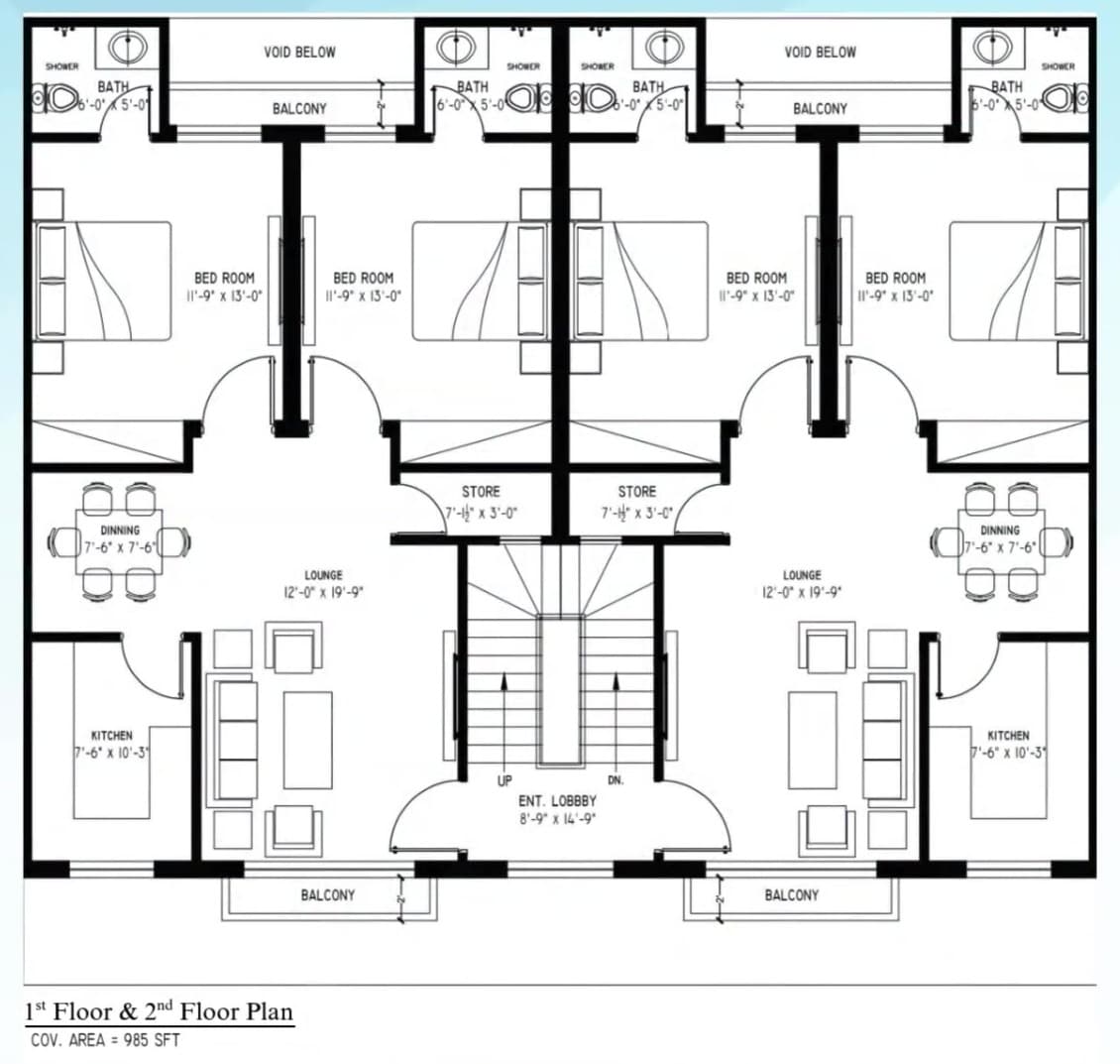 First Floor floor plan drawing - Clan Homes Townhouses